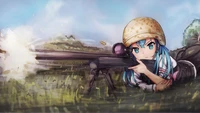 Fille d'anime avec un fusil de sniper dans un champ d'herbe, concentrée sur sa cible dans une scène inspirée de PUBG.