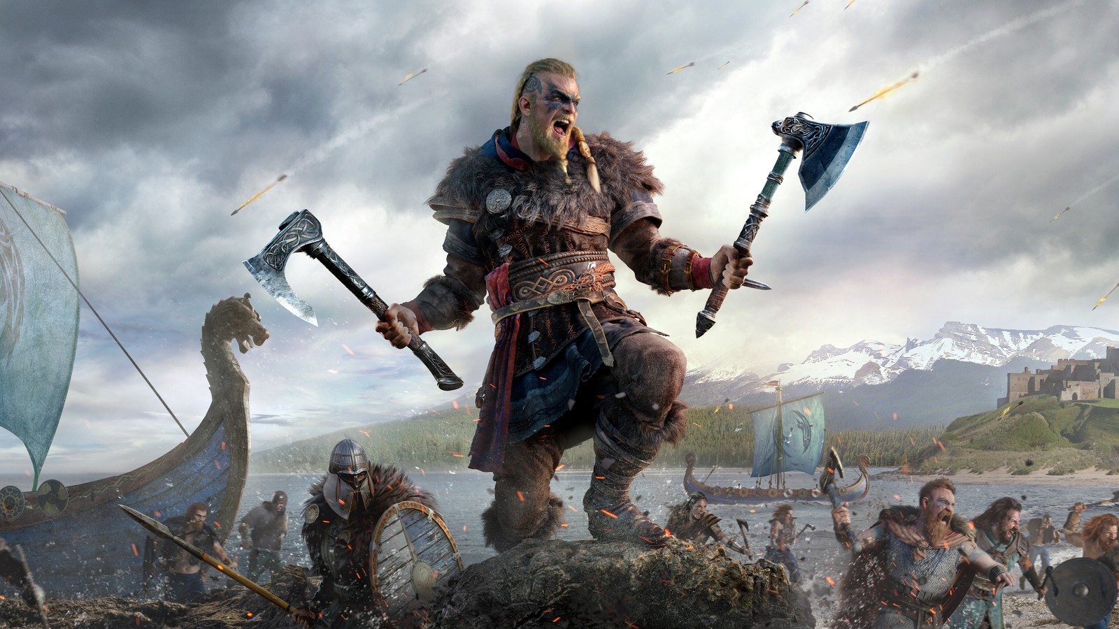 A man in a viking outfit holding a sword standing on a beach (eivor, assassins creed valhalla, video game, viking, clan)