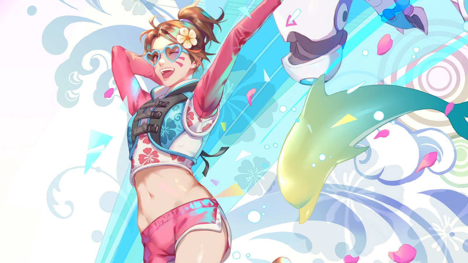 Une femme en haut de bikini et shorts sautant dans les airs (dva, overwatch, jeu vidéo)