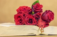 Rosas vermelhas românticas e alianças de casamento em um livro aberto