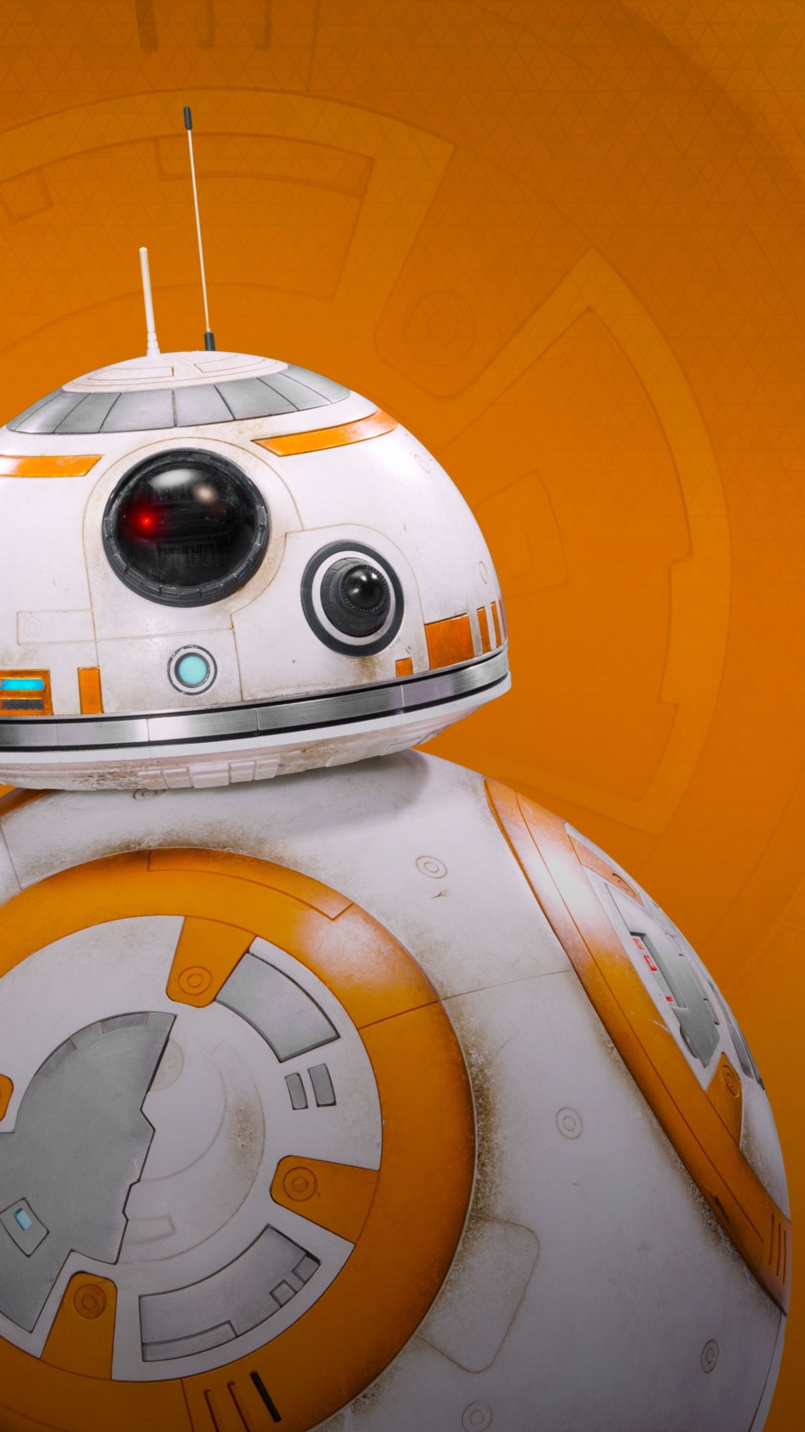 A close up of a star wars bb - 8 robot with a yellow background (bb 8, droid, film, motorola, movie)