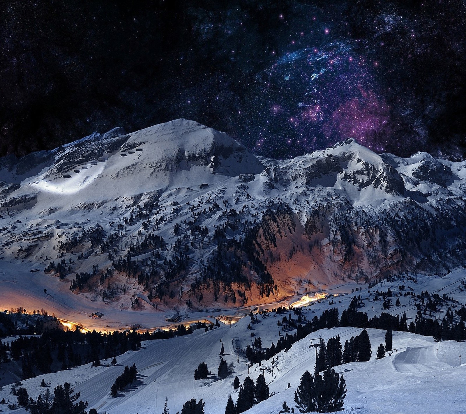 Snowy mountain with a night sky and stars in the background (ice, mountain, night, pine, sky)