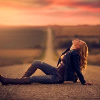 alone, girl, road, sunset