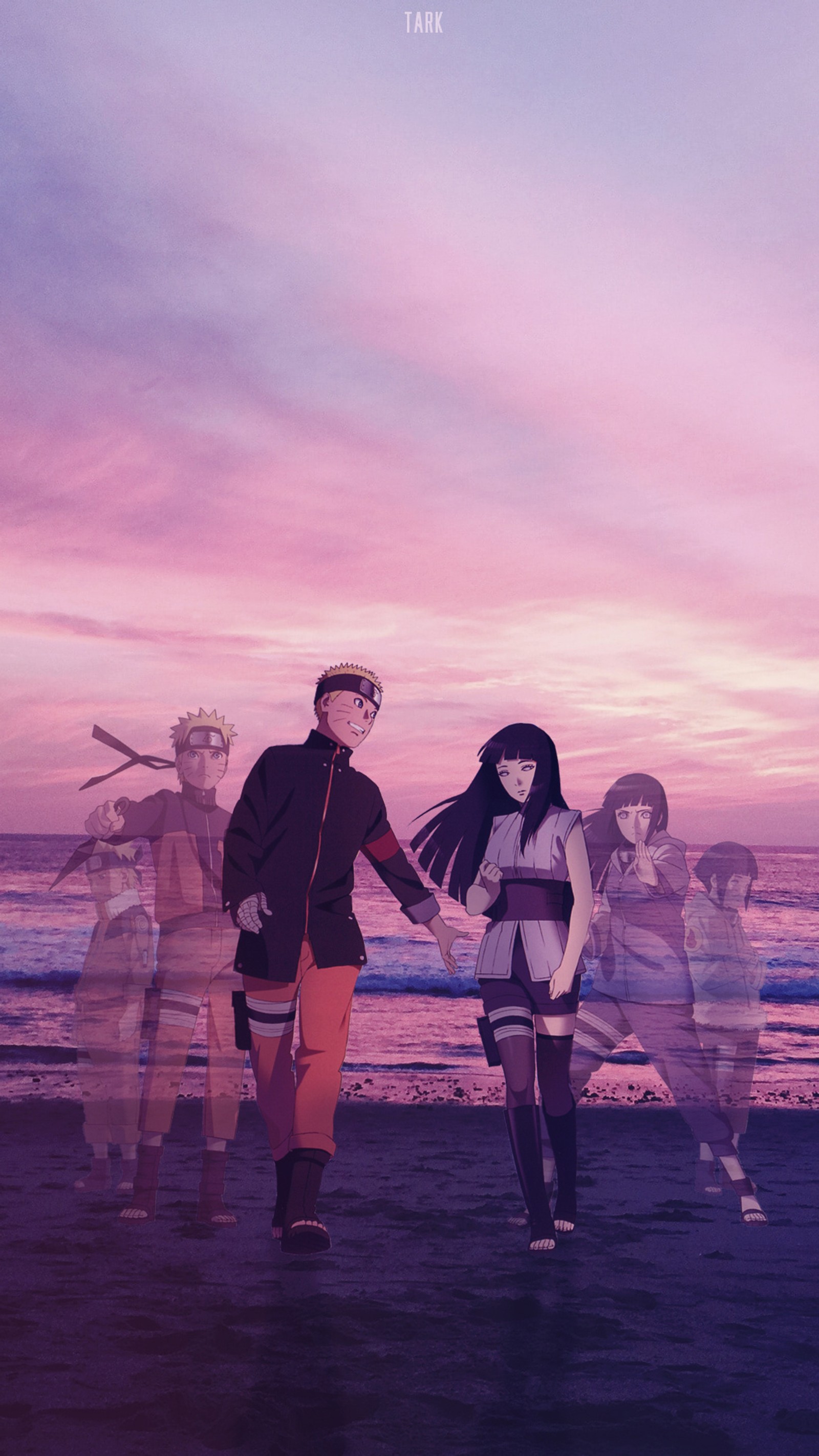 Des personnages d'anime se tenant sur la plage avec un coucher de soleil en arrière-plan (hinata, amour, naruto)