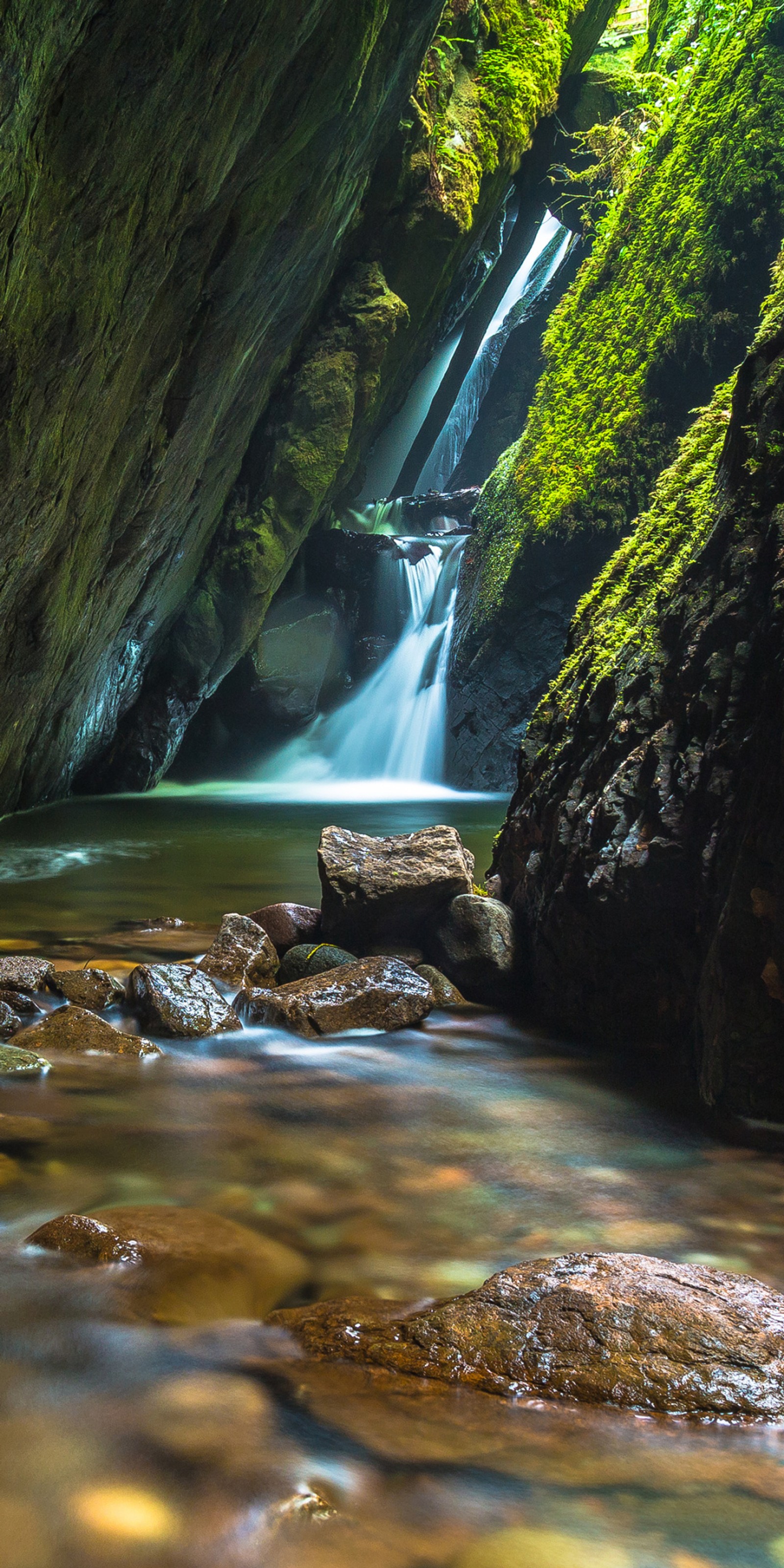 There is a waterfall in the middle of a canyon with moss growing on the rocks (2018, nature)