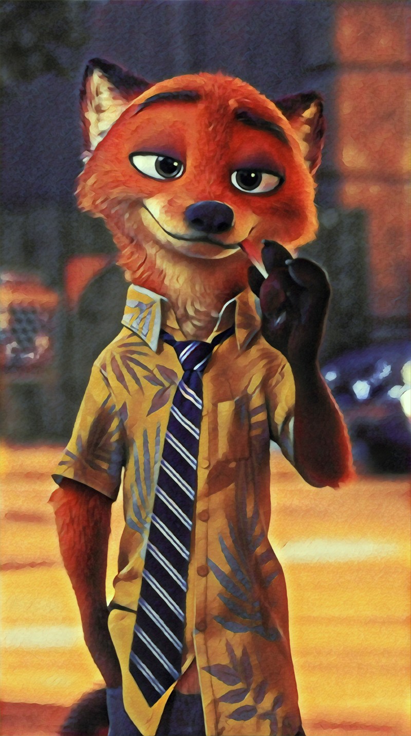 Il y a un renard de dessin animé habillé en chemise et cravate (zootopie, zootopia, nickwilde, renard, mignon)