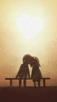 Silhouetted lovers sharing a tender kiss under a glowing heart.