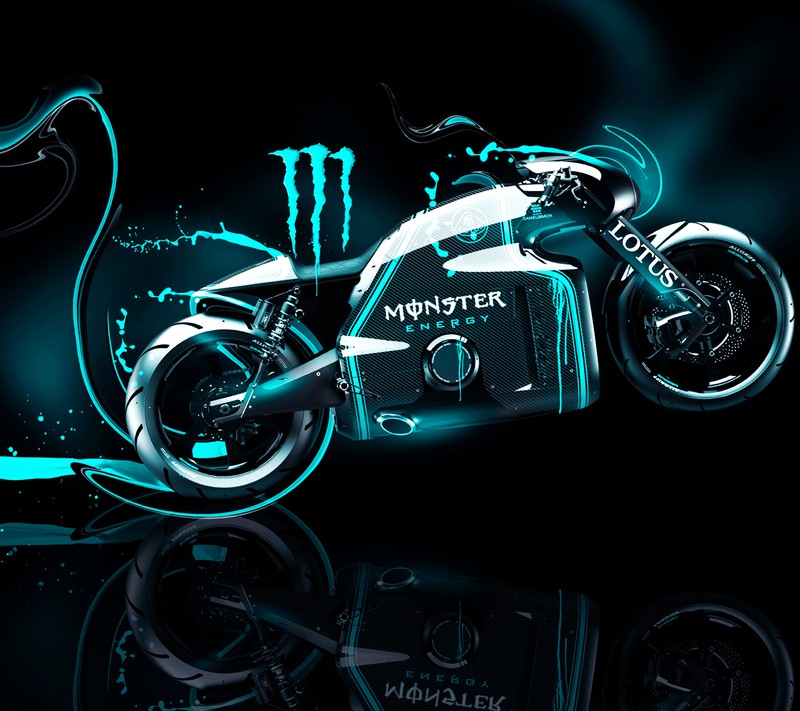 Арабский мотоцикл с логотипом monster energy на боку и синим фоном (велосипед, энергия, монстр)