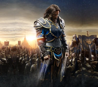 Epic battle scene featuring a heroic warrior in ornate armor, standing resolutely before a vast army under a dramatic sky, embodying themes of valor and conflict.