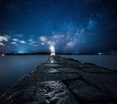 Sternen Nacht über Leuchtturm und Pier