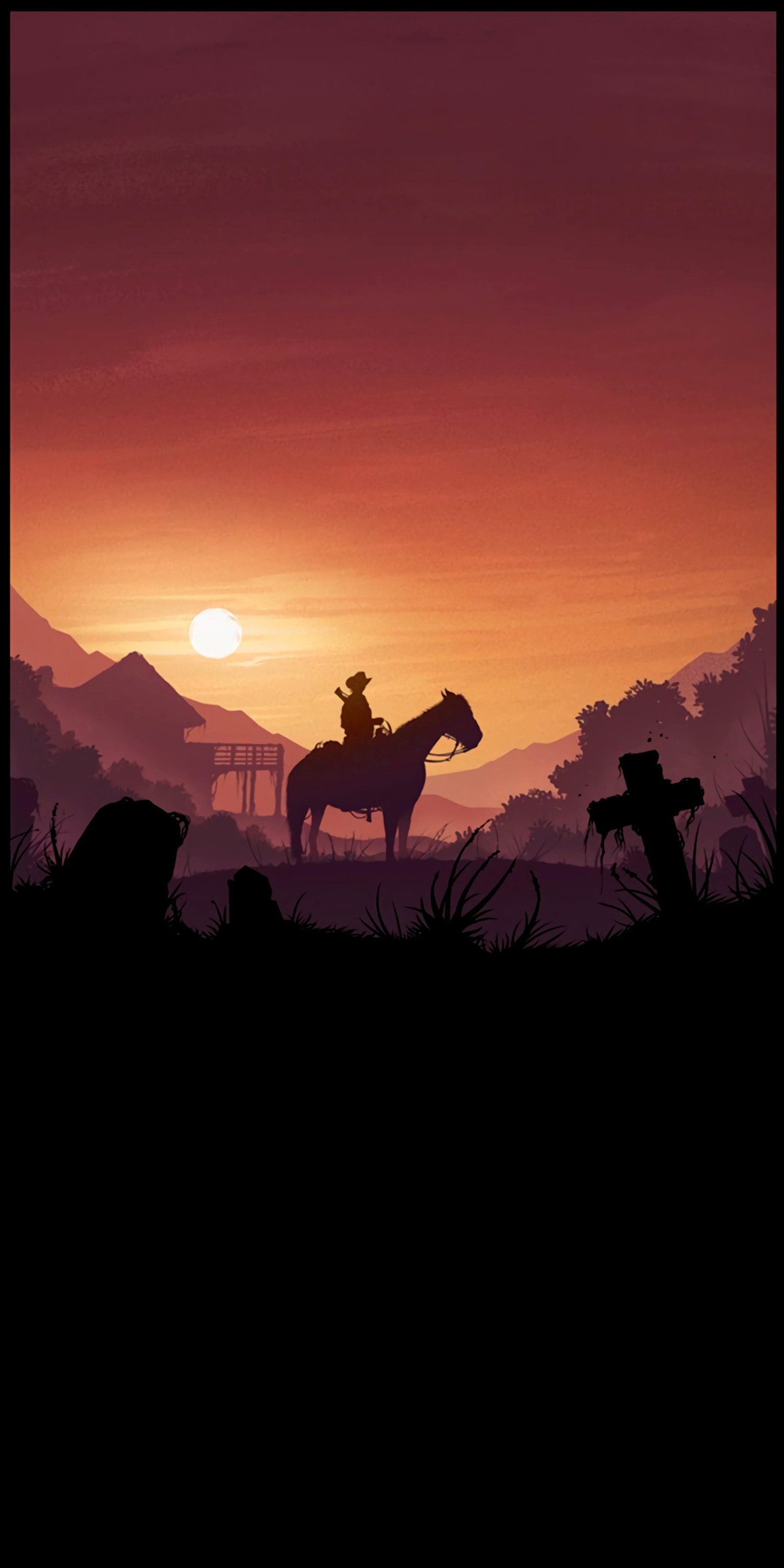 Cowboys à cheval au coucher du soleil avec un cheval et du bétail (mort, jeux, playstation, rouge, rédemption)