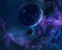 Cosmic Nebula with Dark Planets and Starry Background