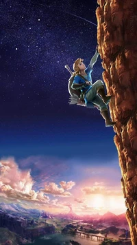 Link escalando hacia las estrellas en el majestuoso paisaje de Hyrule