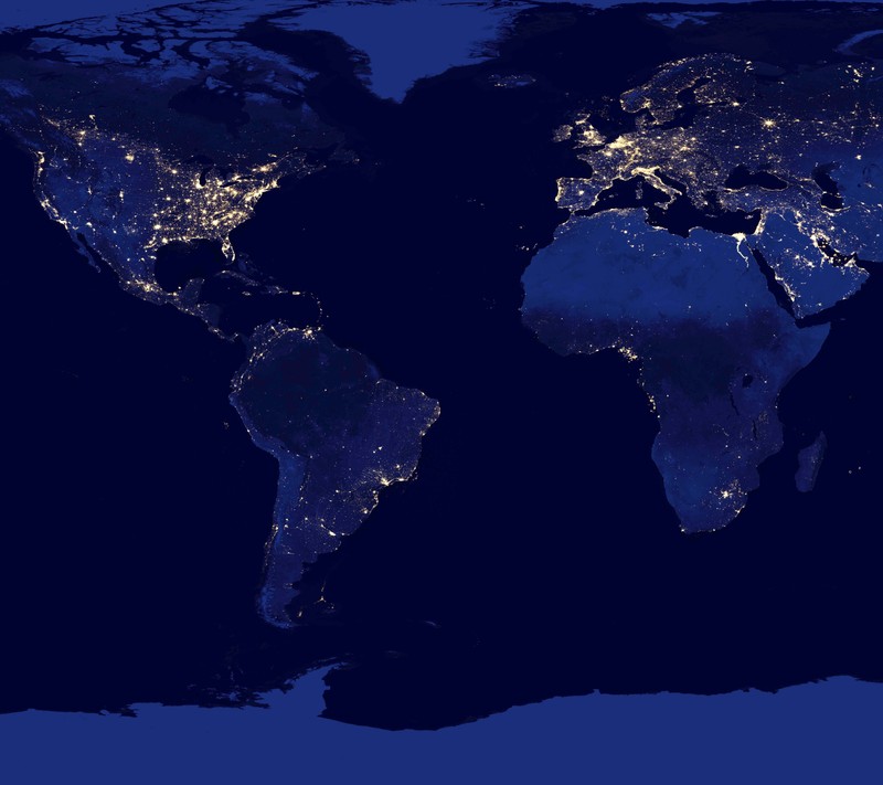 Карта мира ночью с огнями городов (земля, огни, ночь, космос)
