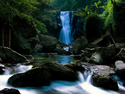 Seren Wasserfall zwischen üppigem Grün und steinigem Flussbett