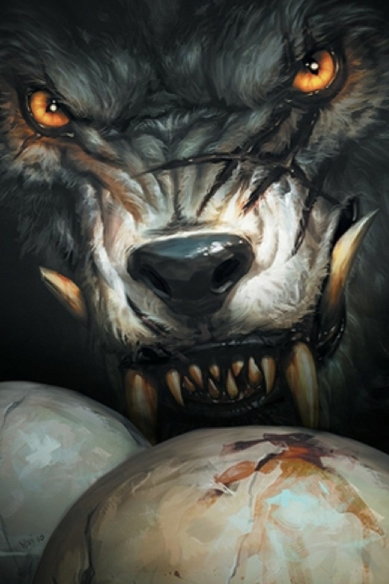 There is a painting of a wolf with orange eyes and a soccer ball (f7, w6)