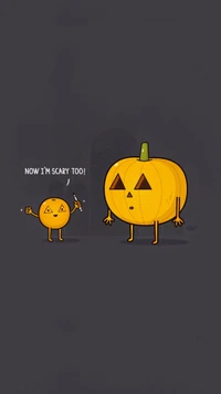 A cute cartoon pumpkin and its smaller counterpart, playfully expressing newfound confidence with a tiny knife, both adorned with humorous facial expressions.