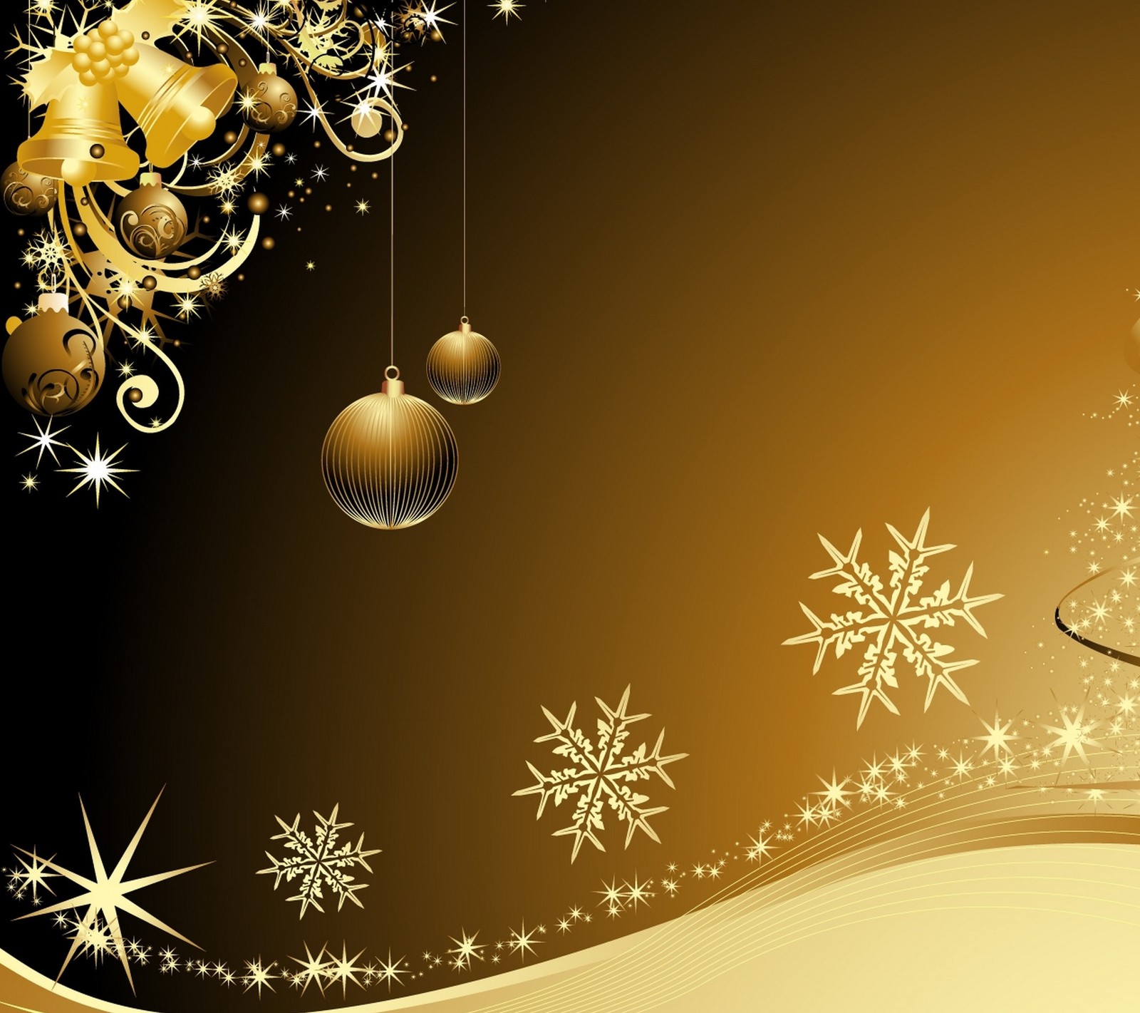 A gold christmas background with a christmas tree and ornaments (christmas, decoration christmas, merry, winter, xmas)