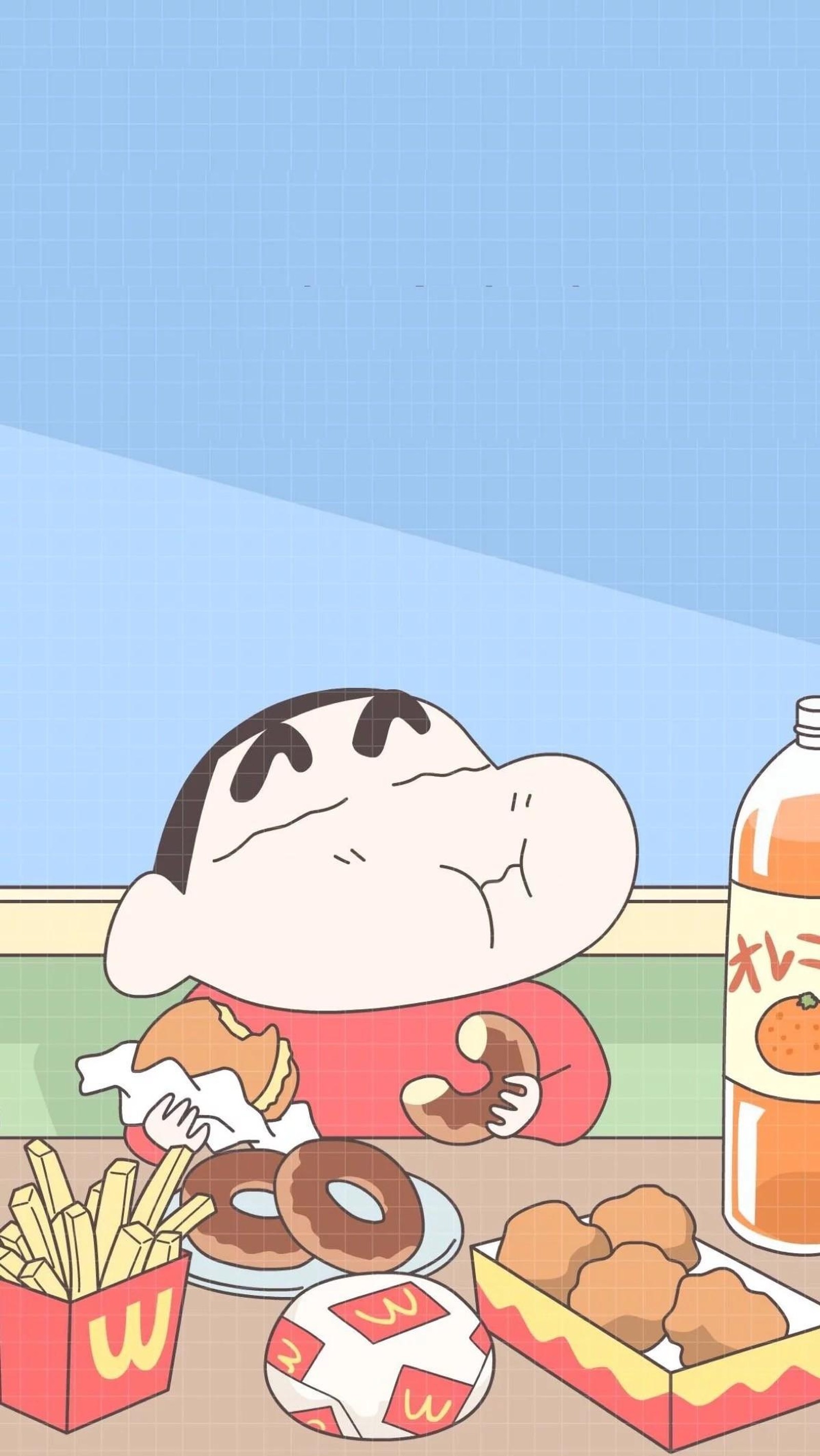 Caricatura de un hombre comiendo una dona y una botella de refresco (caricatura, shinchan)