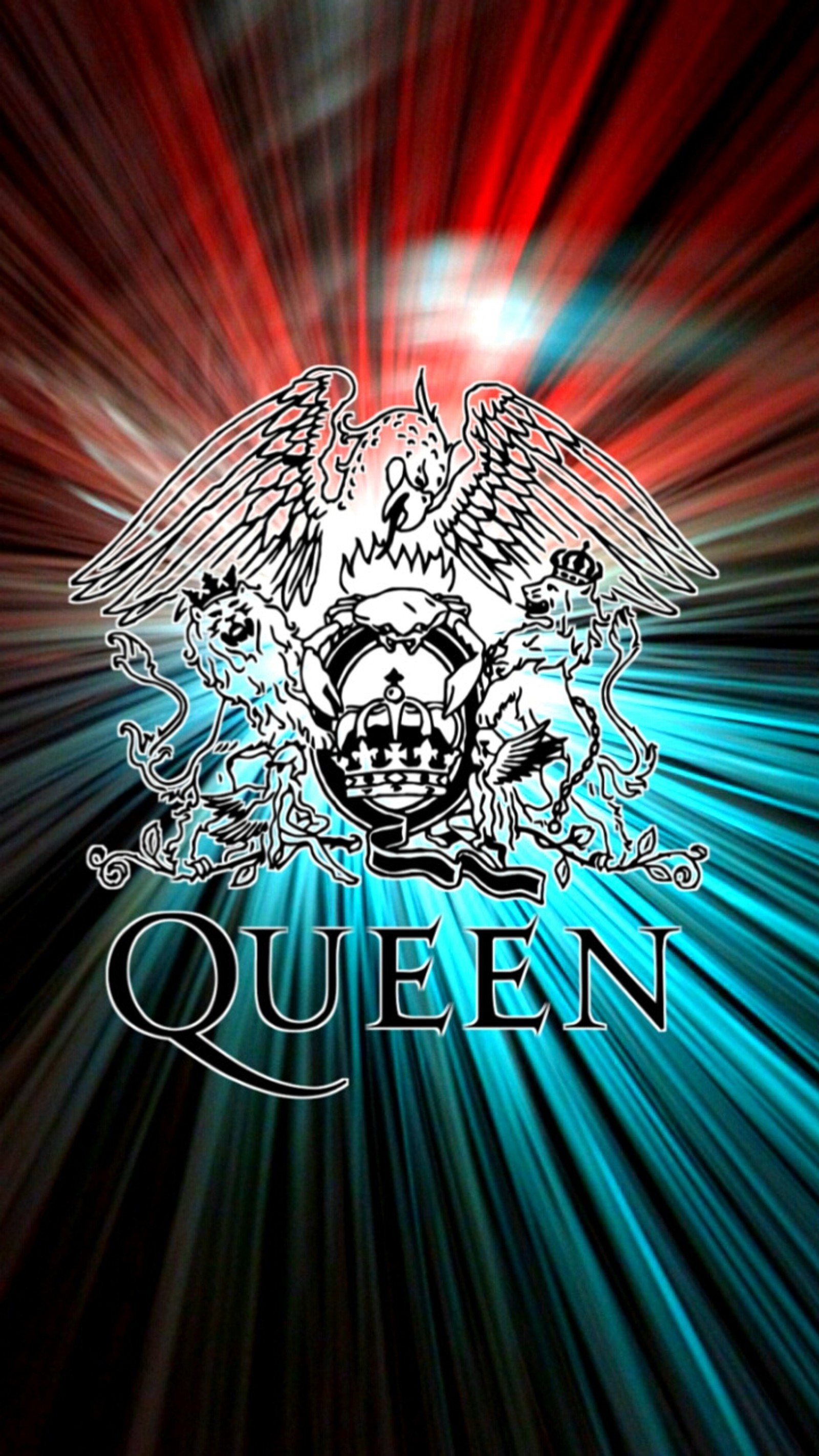 Un primer plano de un logo con fondo rojo y fondo azul (queen, roca, freddiemercury)