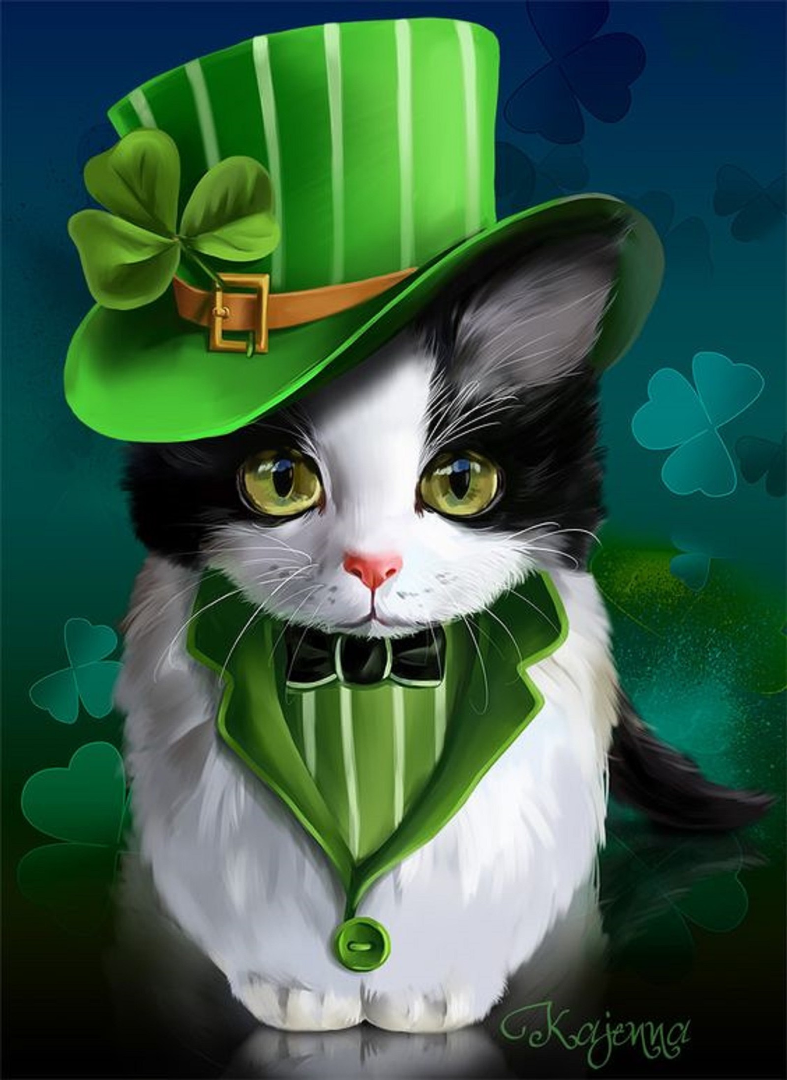 Peinture d'un chat portant un chapeau vert et un nœud papillon (chat, mignon)