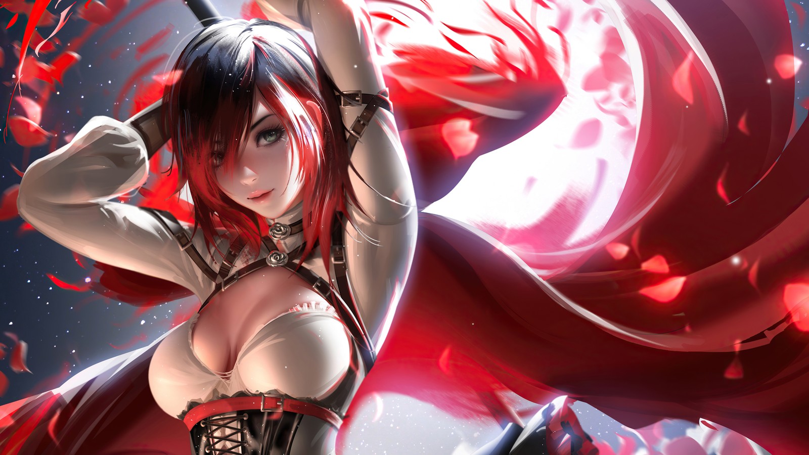 Femme en robe corset tenant une épée et une rose rouge (ruby rose, rwby, anime, filles danime)