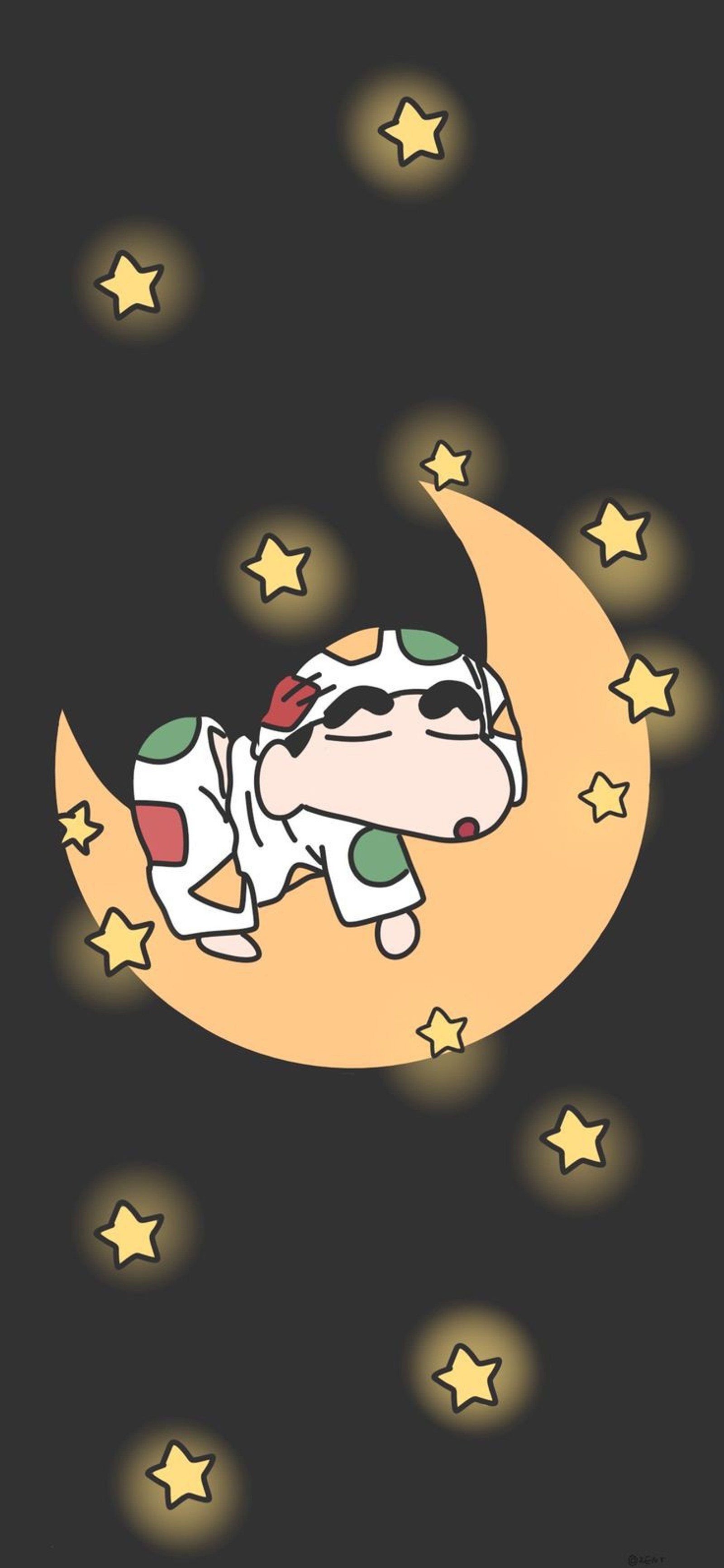 Un perro de dibujos animados durmiendo en la luna con estrellas de fondo (negro, caricatura, cómics, lindo, oscuro)