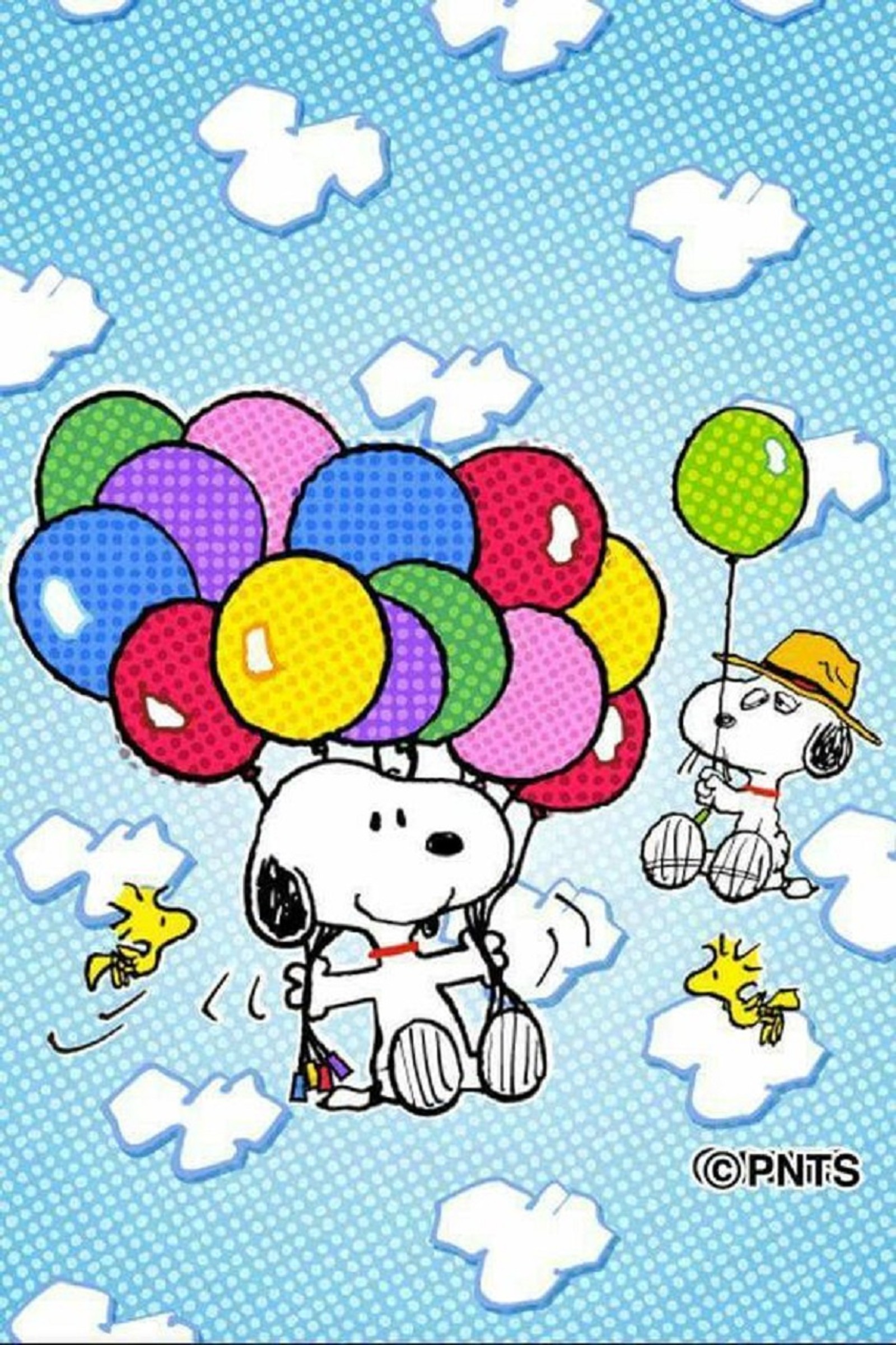 Um desenho animado do snoopy e woodstock voando no céu com balões (fofo, cachorro)