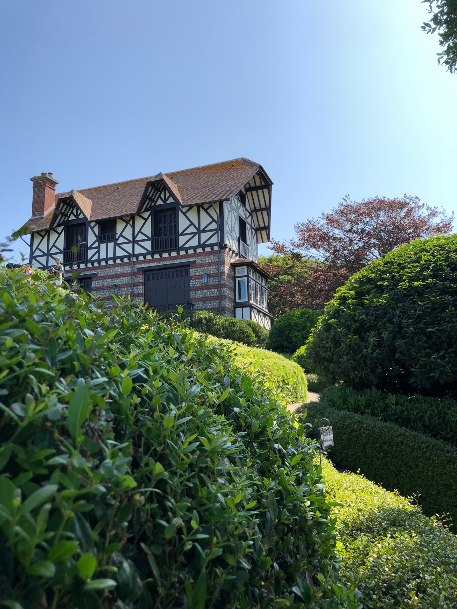 There is a house that is on a hill with bushes (house, vegetation, property, shrub, hedge)