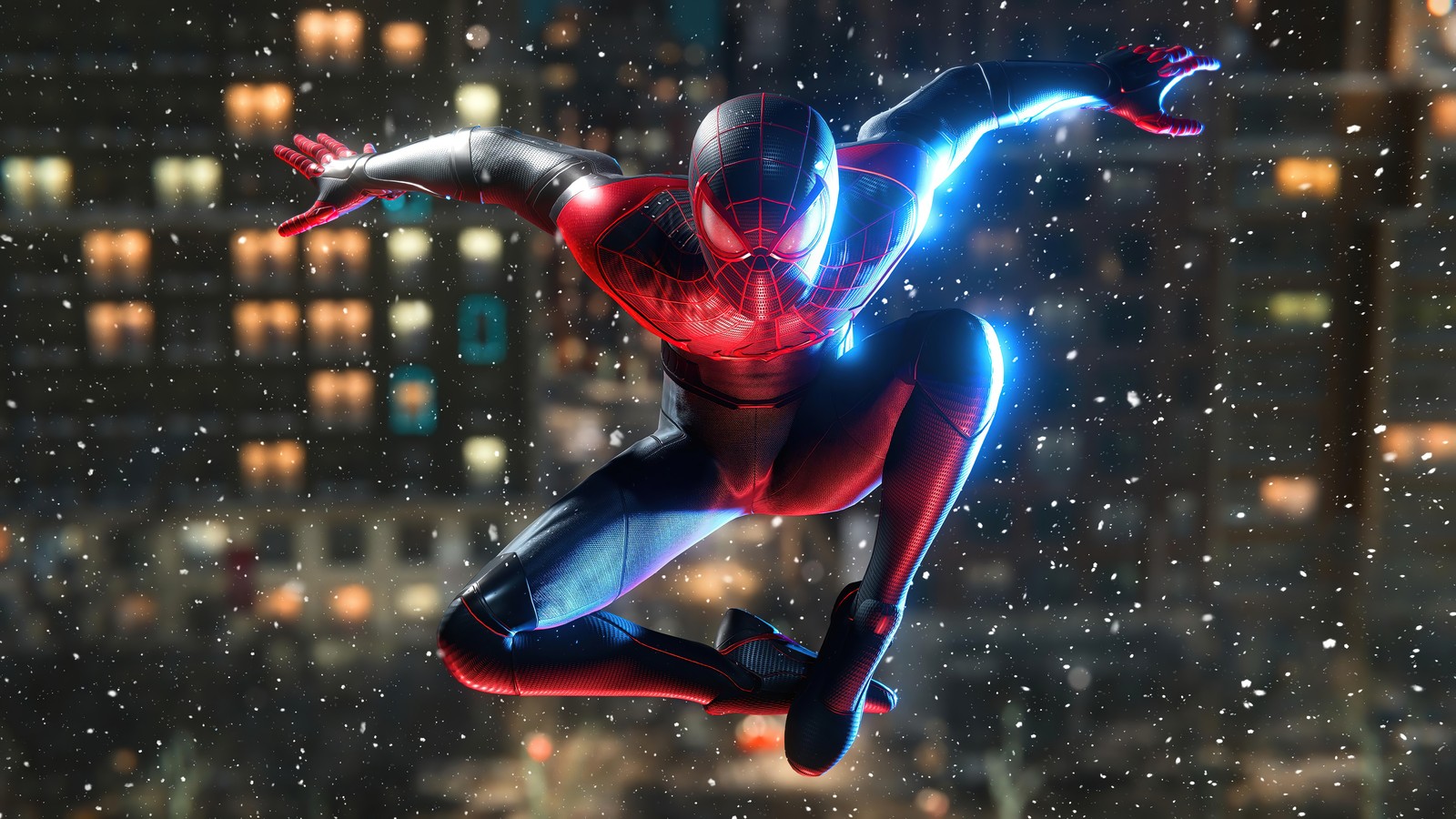 Spider-man dans la ville avec une lumière bleue (marvels spider man miles morales, playstation 5, ps5, ps4, jeu vidéo)