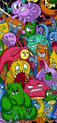 Monstruos de dibujos animados coloridos en una escena natural caprichosa