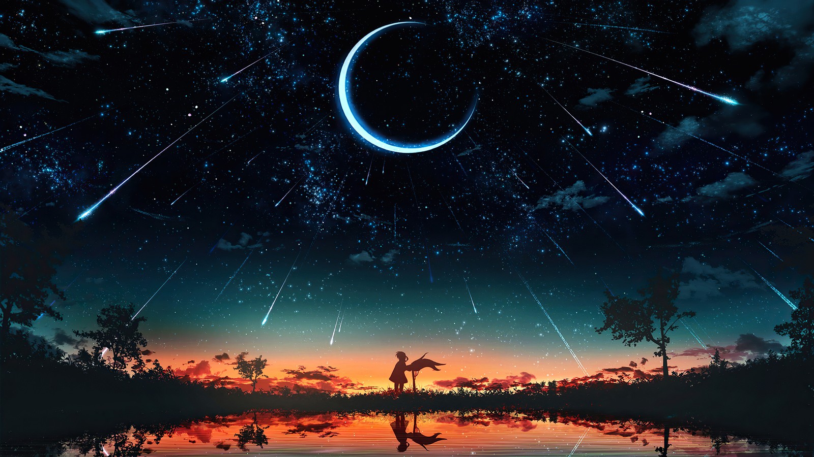 sunset, starry, night, sky, moon wallpaper