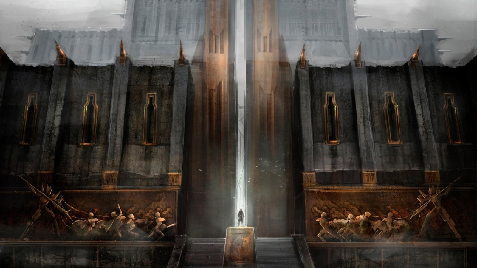 A painting of a man standing in front of a large building (dragon age ii, dragon age origins, bioware, dragon age inquisition, building)