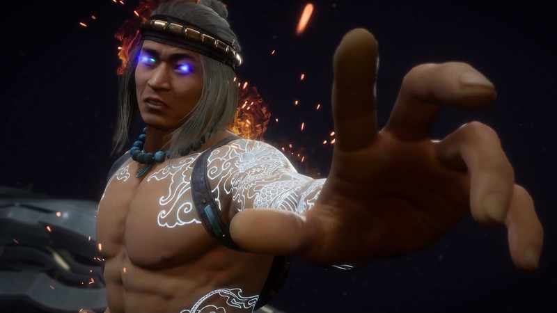 Крупный план человека с поднятой рукой в игре (бог огня, лю кан, liu kang, mortal kombat 11, видеоигра)