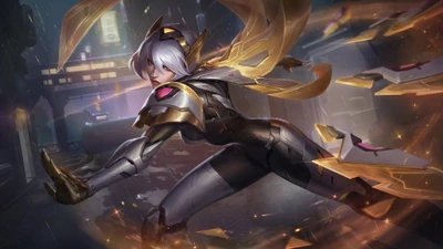 Irelia em uma pose dinâmica, exibindo seu design de personagem elegante e feroz com armadura intrincada e acentos dourados em meio a um vibrante cenário urbano.