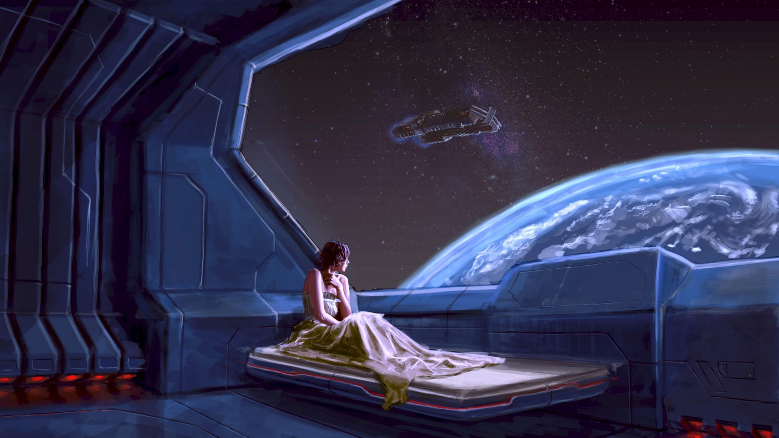 Una mujer sentada en una cama en una estación espacial con vista a la tierra (ciencia ficción, espacio, cielo, cosmos, espacio exterior)