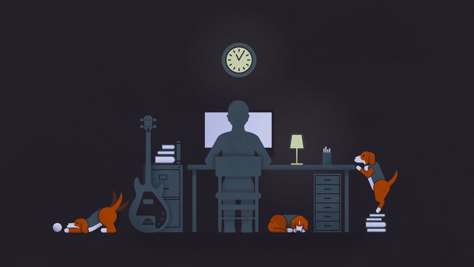 Illustration d'un homme assis à un bureau avec une horloge au-dessus de lui (ordinateur, workstation, minimaliste, minimalisme, nuit)