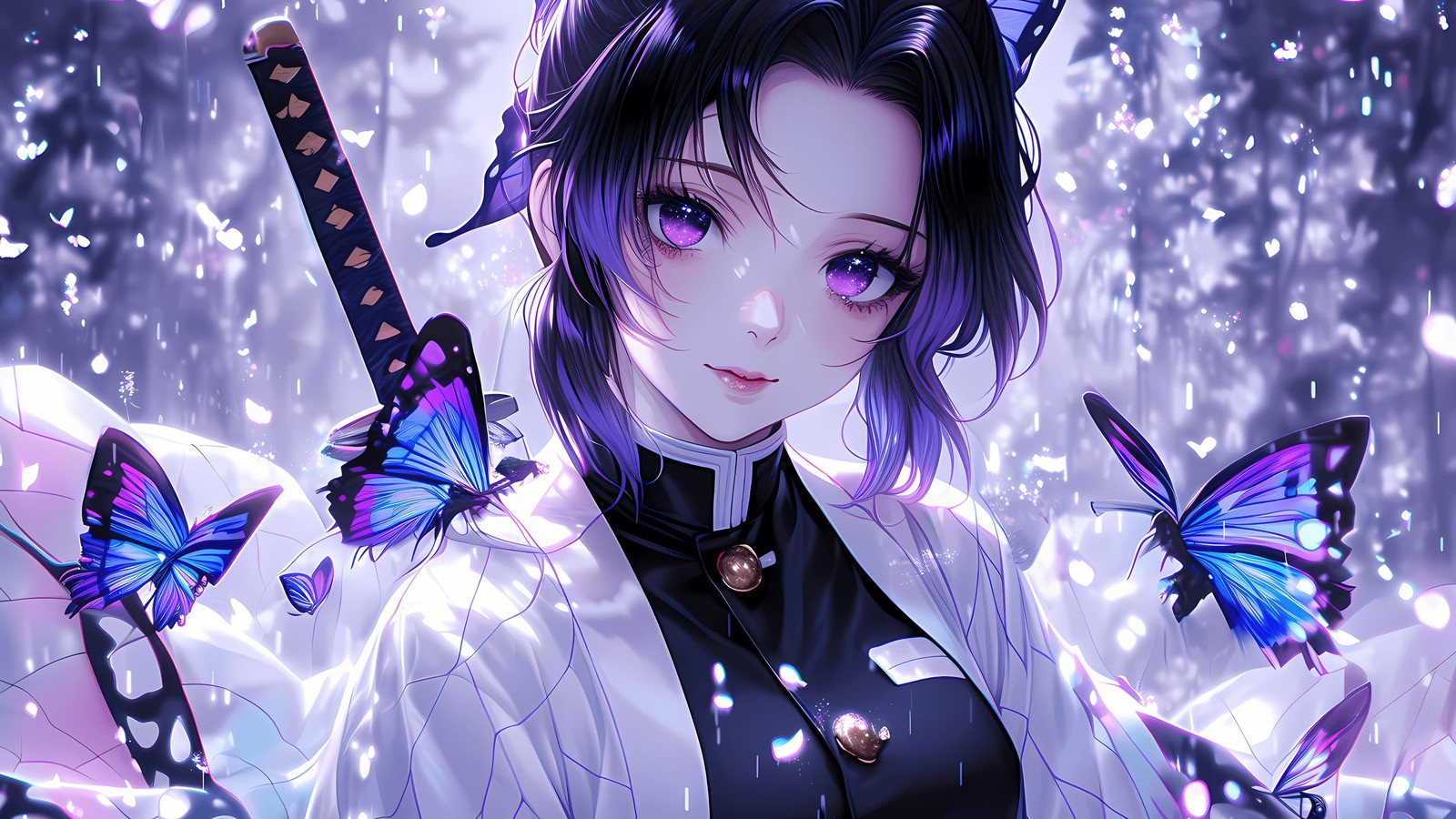 Anime girl with purple hair and butterfly wings in rain (purple aesthetic, shinobu kocho, demon slayer kimetsu no yaiba, 5k, anime)