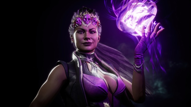 Женщина в фиолетовом облике держит фиолетовый шар (синдэль, sindel, mortal kombat 11, mk11, видеоигра)