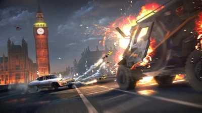 Cena de perseguição intensa em Watch Dogs: Legion com carro de espionagem e explosões