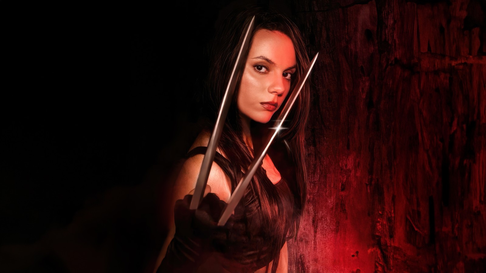 Une femme en robe noire tenant une paire de ciseaux (dafne keen, x 23, wolverine, 5k, fan art)