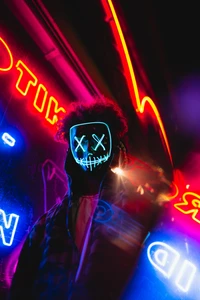 Colorful Anonymous Portrait with LED Mask and Neon Lights