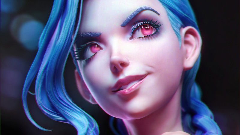 Женщина с синими волосами и синей париком (джинкс, jinx, league of legends, lol, видеоигра)