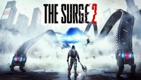 A lone character confronts a massive mechanical creature in a dystopian cityscape, embodying the intense challenges of "The Surge 2.