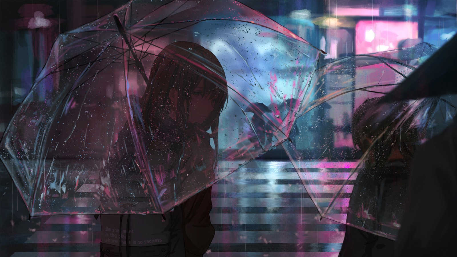 Il y a deux personnes debout sous des parapluies sous la pluie (anime, filles, parapluie, pluie)