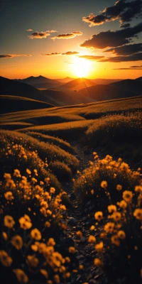 Atardecer sobre colinas llenas de flores silvestres