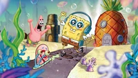 SpongeBob SquarePants danse joyeusement avec Patrick Étoile et Gary l'Escargot dans une scène sous-marine vibrante.