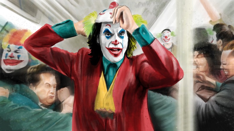 Клоун в толпе людей с клоунскими масками (джокер 2019, joker 2019, фильм, джокер, joker)