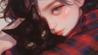 anime girls, black, cat