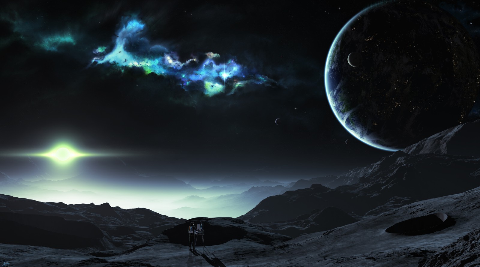 A man standing on a mountain looking at a planet in the distance (art, space, nature, outer space, atmosphere)